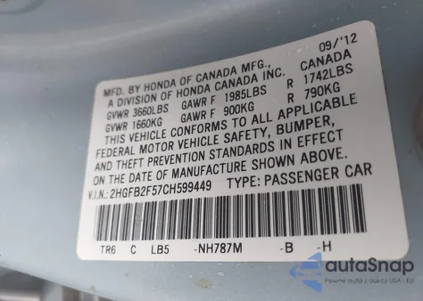 2012 Honda Civic Lx из США, поврежденный, VIN 2HGFB2F57CH599449